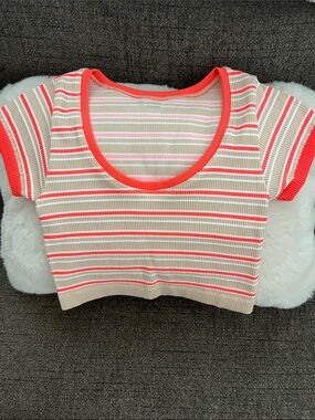 Girls' Short-Sleeve Ribbed Stripe Tee in Beige & Coral